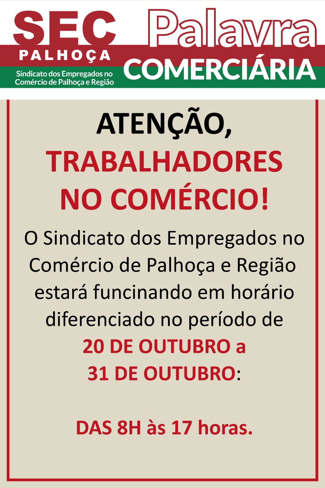 mudança no horário de atendimento